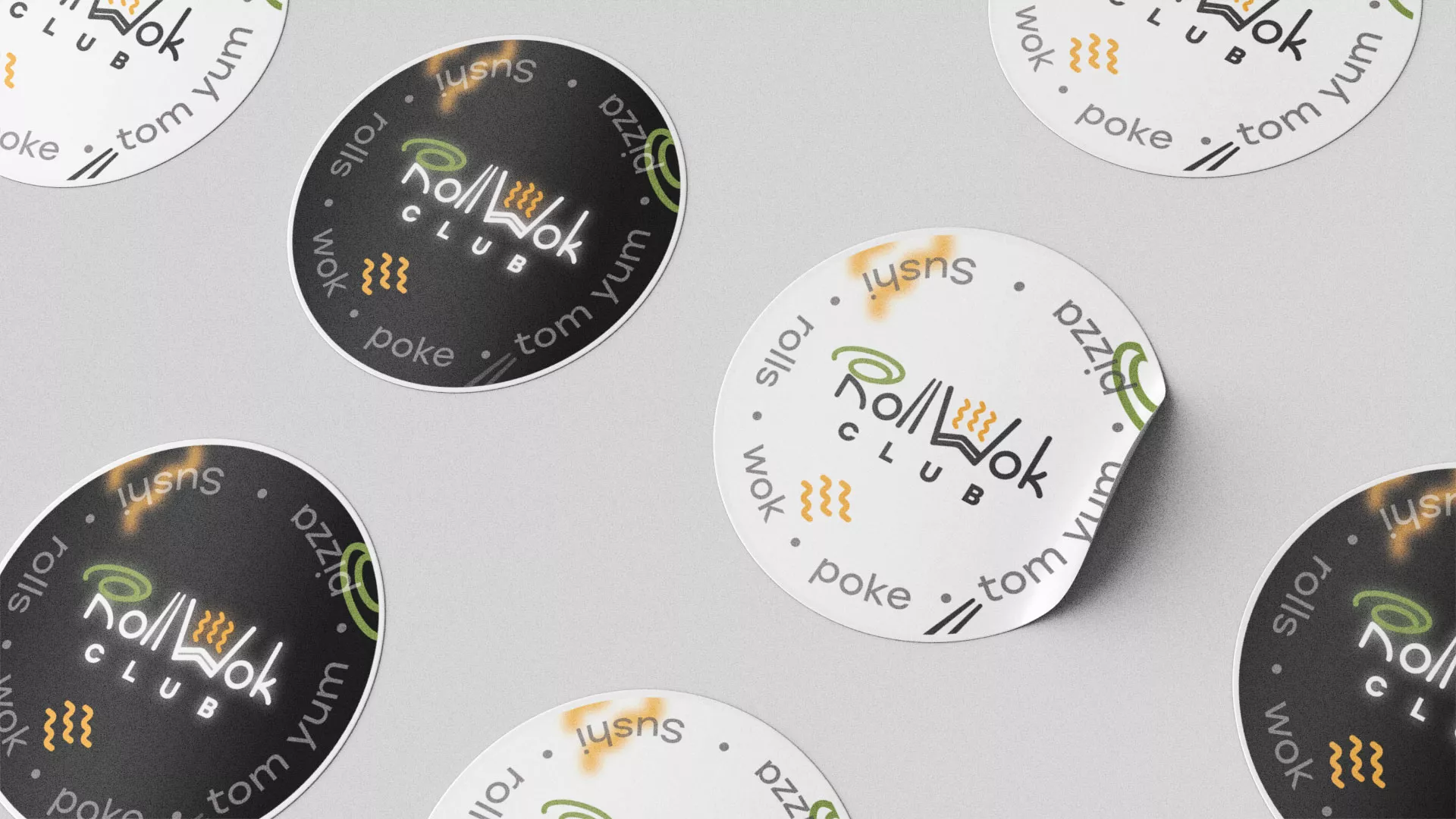 Разработка дизайна наклеек для суши-бара «Roll Wok Club» в Дорогобуже
